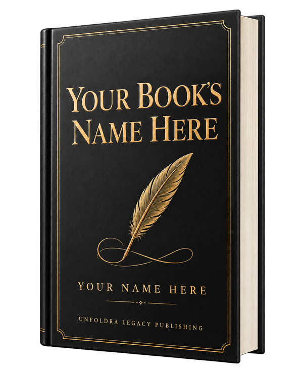 Concepto de libro 3D negro y dorado con el texto Your Book’s Name Here y Your Name Here: explora la publicación con Unfoldra Legacy Publishing